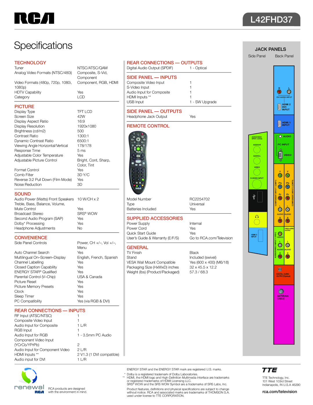 RCA L42FHD37 Technology Rear Connections Outputs, Picture, Sound, Convenience, Rear Connections Inputs, Side Panel Inputs 