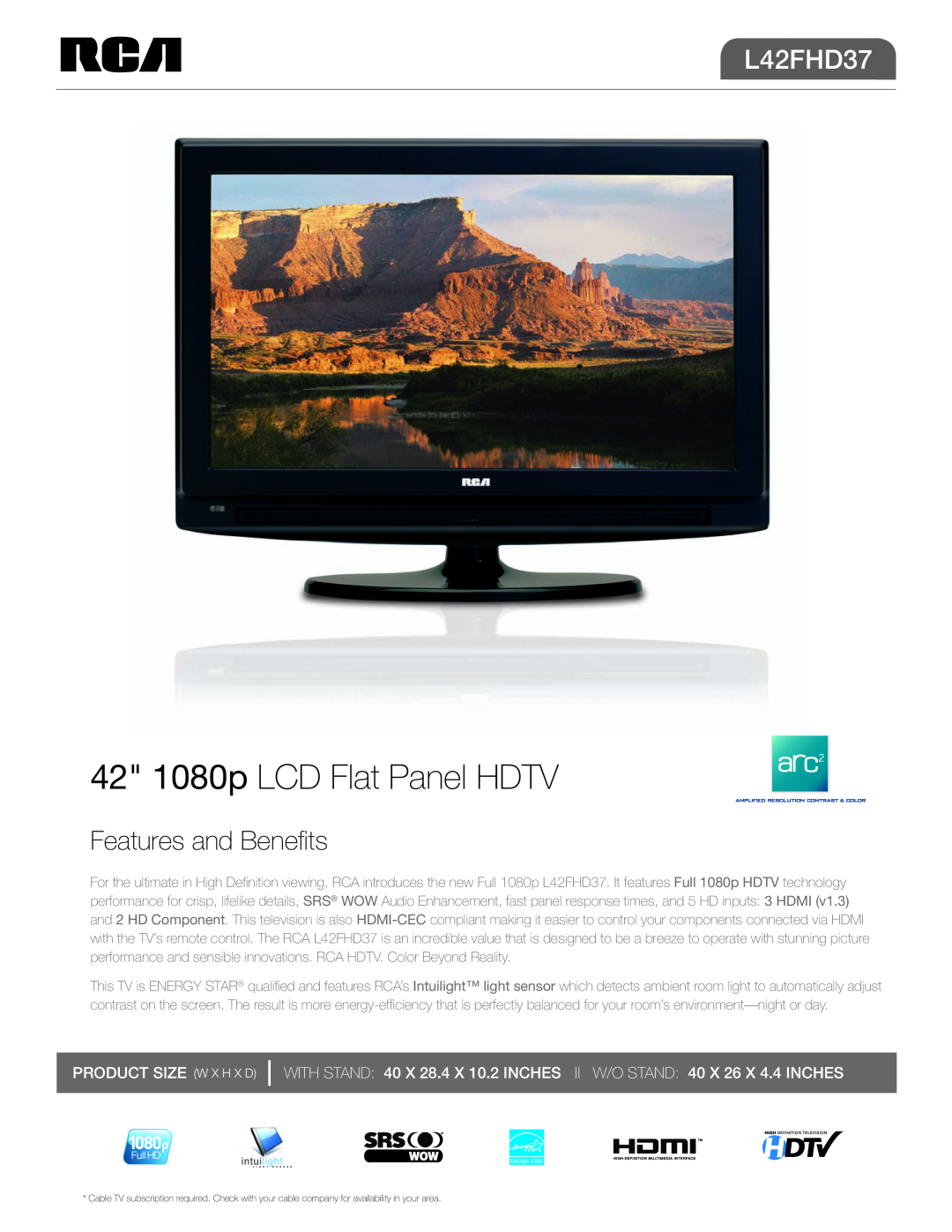 RCA L42FHD37 manual 42 1080p LCD Flat Panel HDTV, Features and Benefits, Product Size W x H x D 