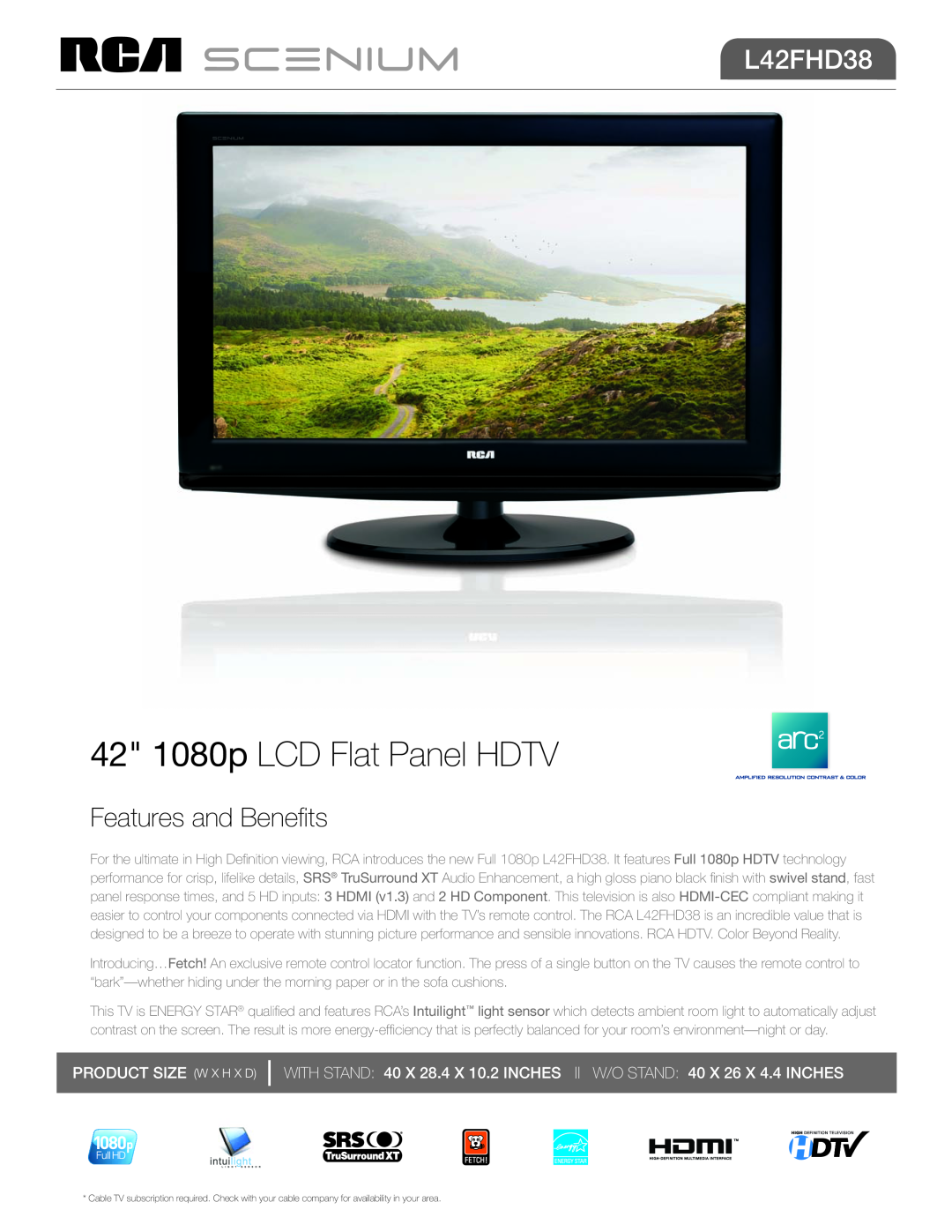 RCA L42FHD38 manual 42 1080p LCD Flat Panel HDTV, Features and Benefits, Product Size W x H x D 