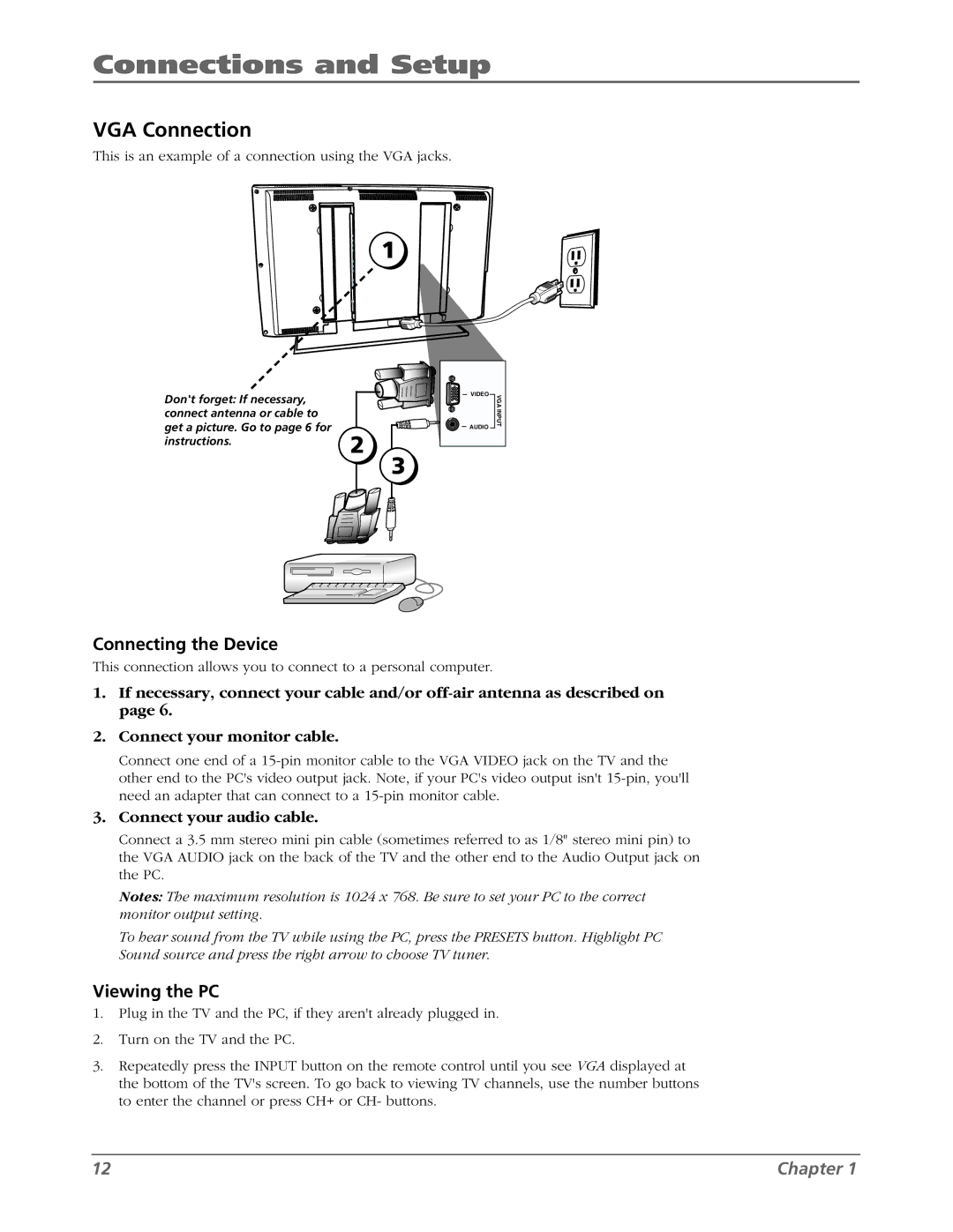 RCA L42WD22 warranty VGA Connection, Viewing the PC 