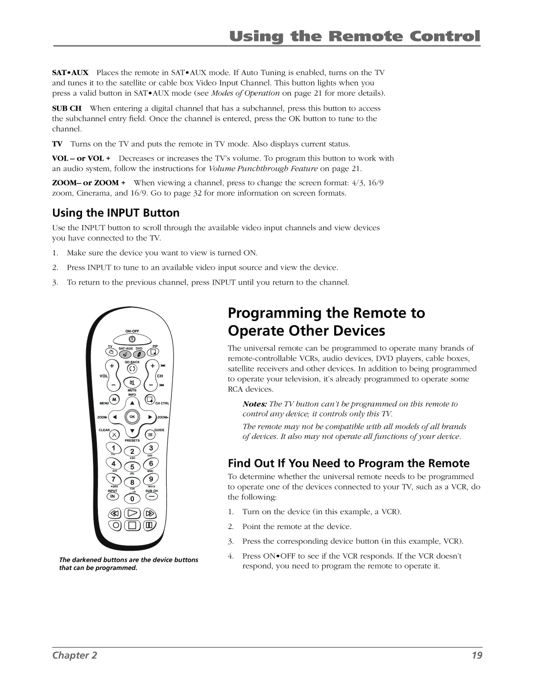 RCA L42WD22 warranty Using the Remote Control, Programming the Remote to Operate Other Devices, Using the Input Button 