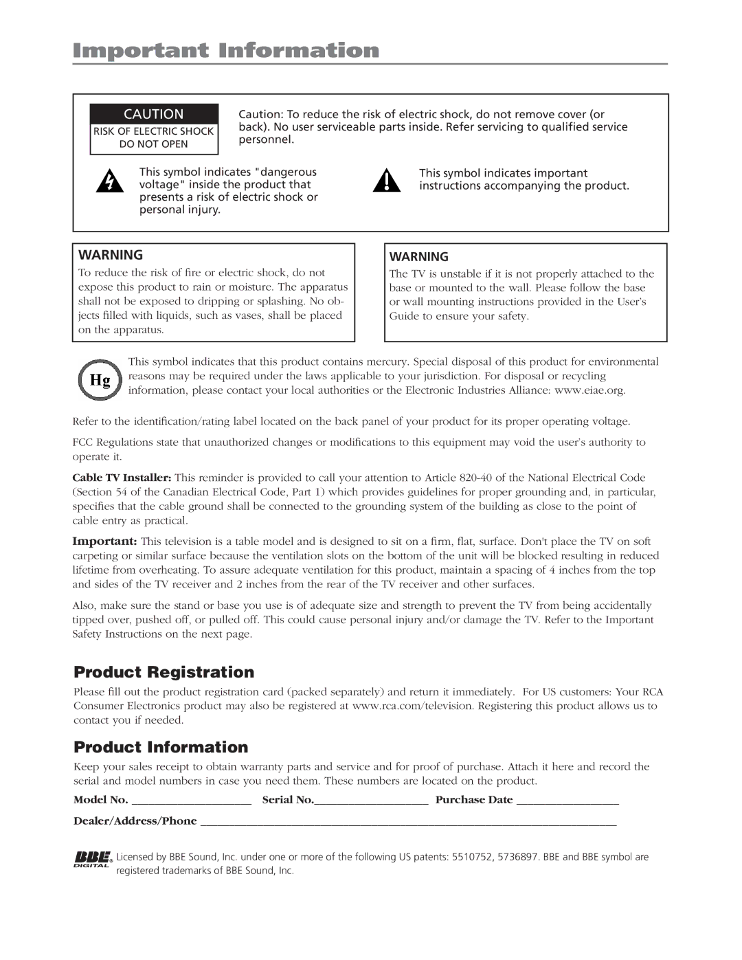 RCA L42WD22 warranty Important Information, Product Registration Product Information 