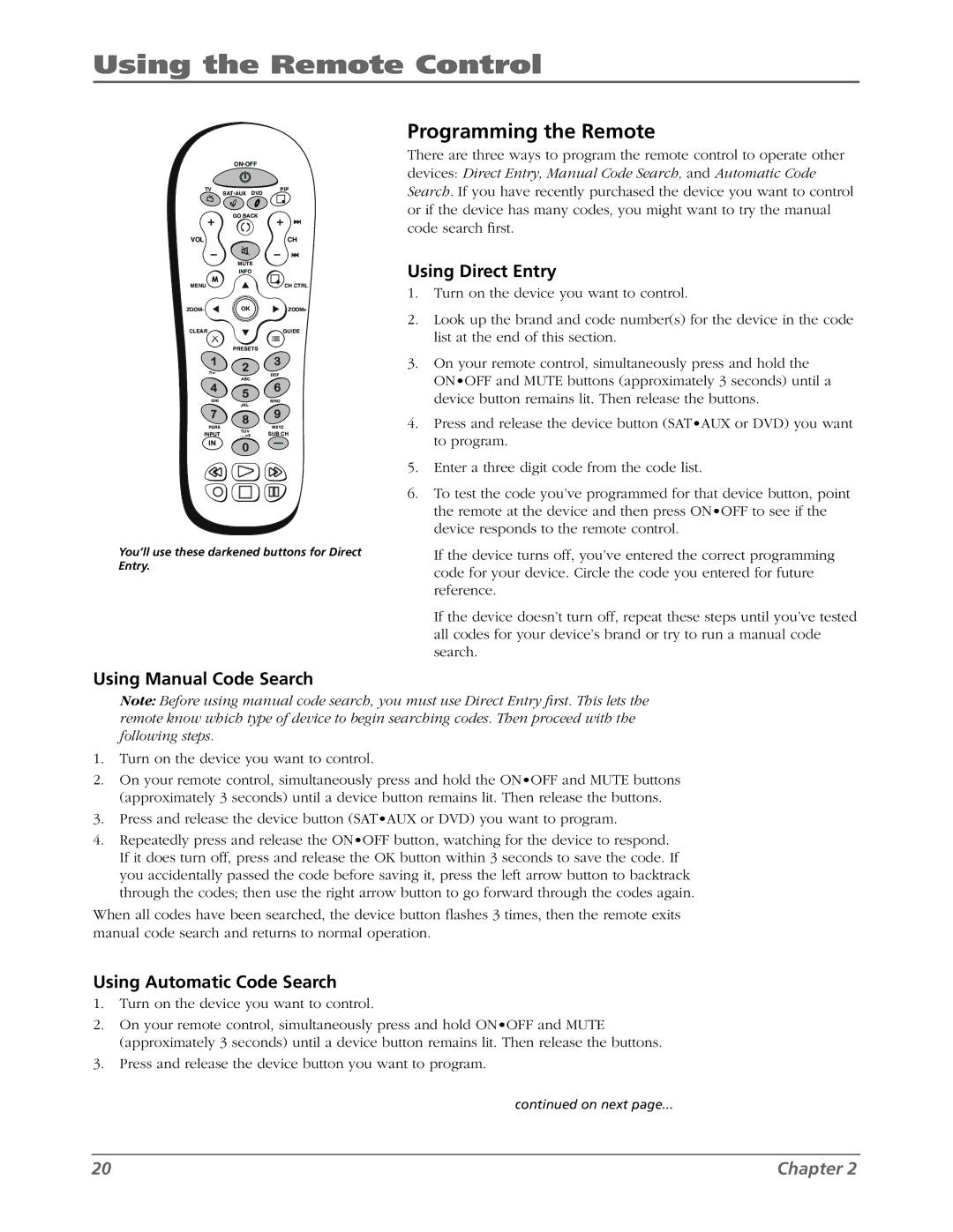 RCA L42WD22 warranty Programming the Remote, Using Direct Entry, Using Manual Code Search, Using Automatic Code Search 