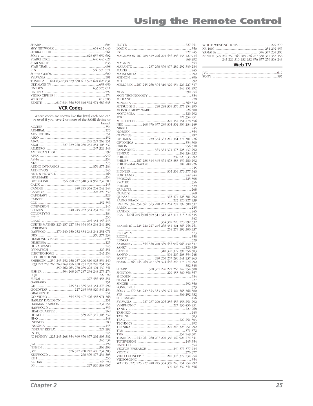 RCA L42WD22 warranty VCR Codes, Web TV 