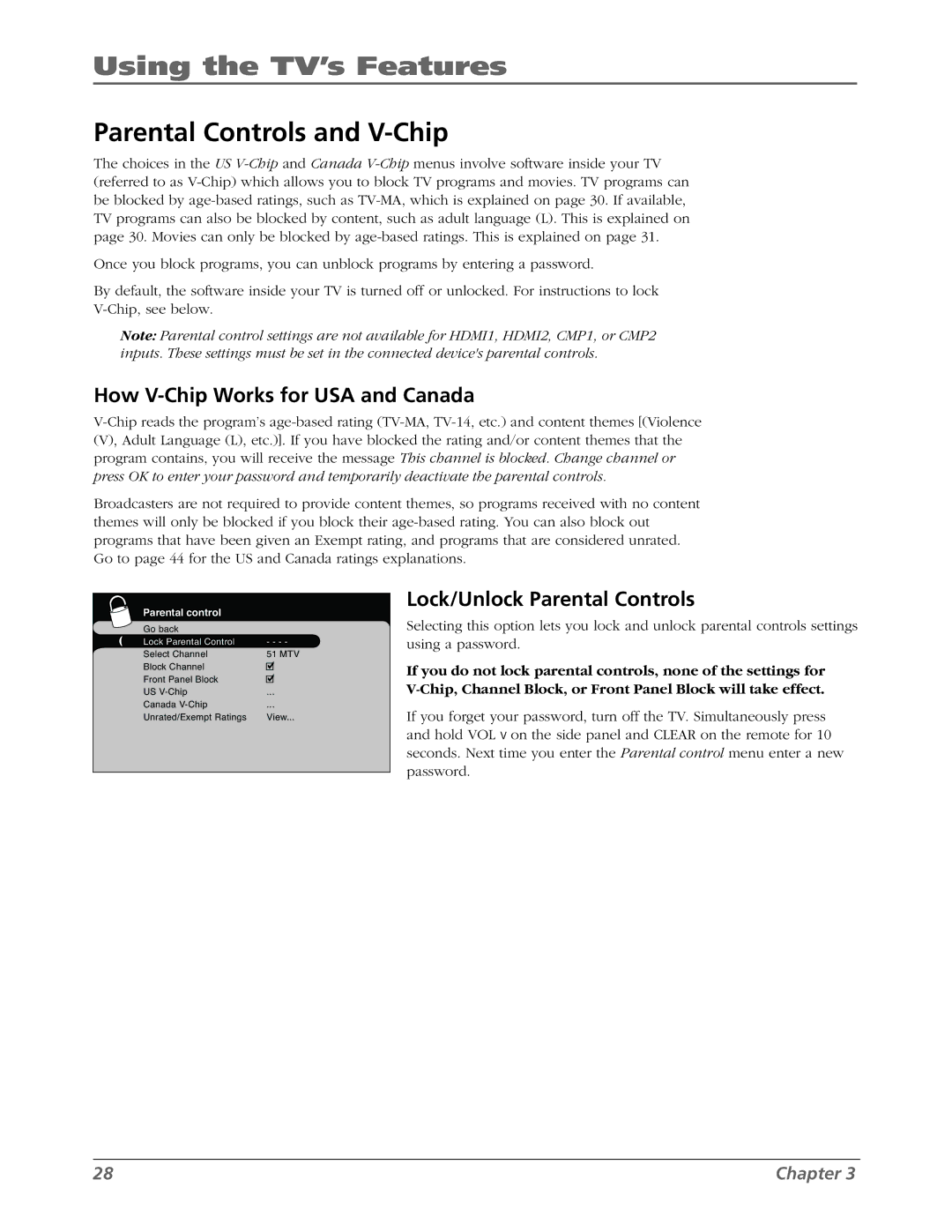 RCA L42WD22 warranty Parental Controls and V-Chip, How V-Chip Works for USA and Canada, Lock/Unlock Parental Controls 