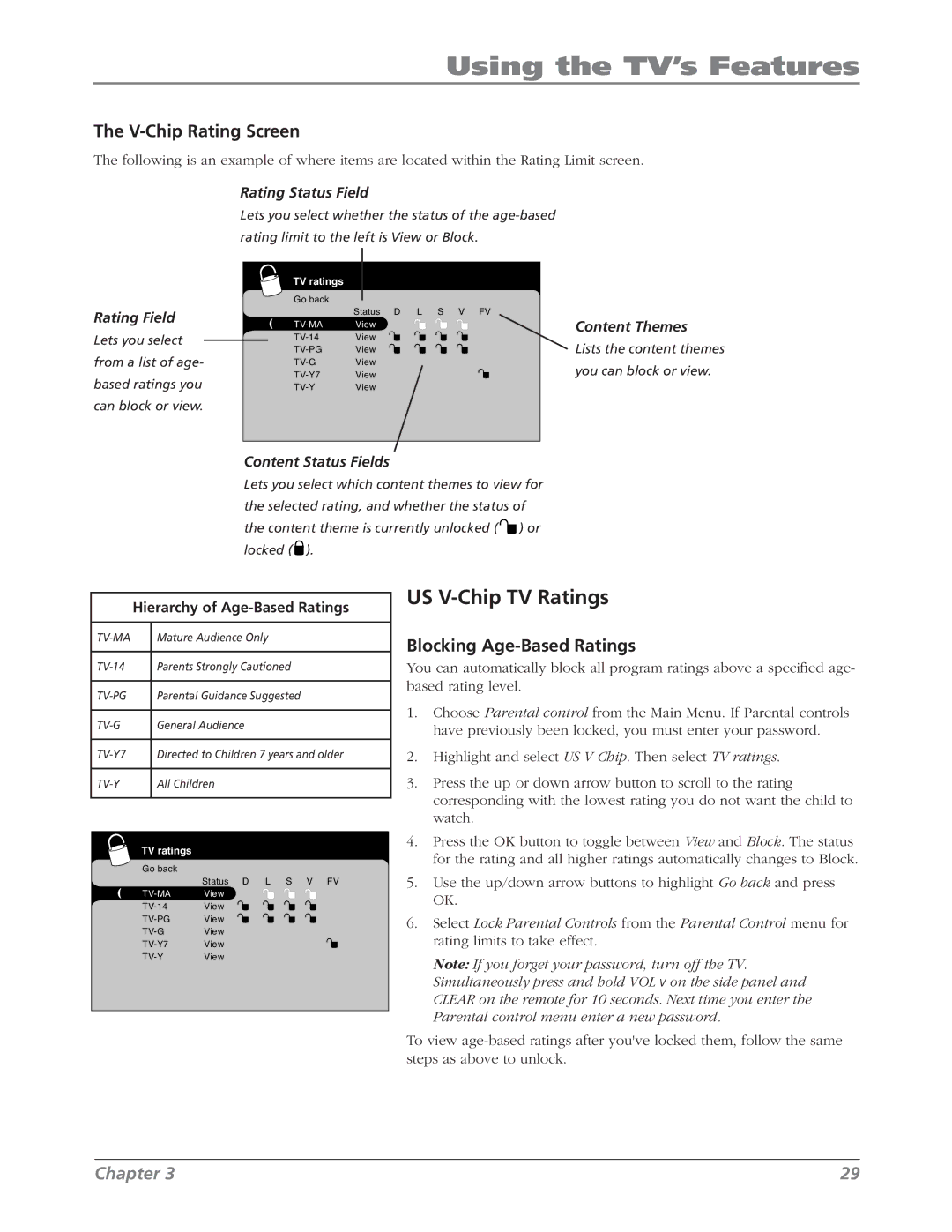 RCA L42WD22 warranty US V-Chip TV Ratings, V-Chip Rating Screen, Blocking Age-Based Ratings, Hierarchy of Age-Based Ratings 