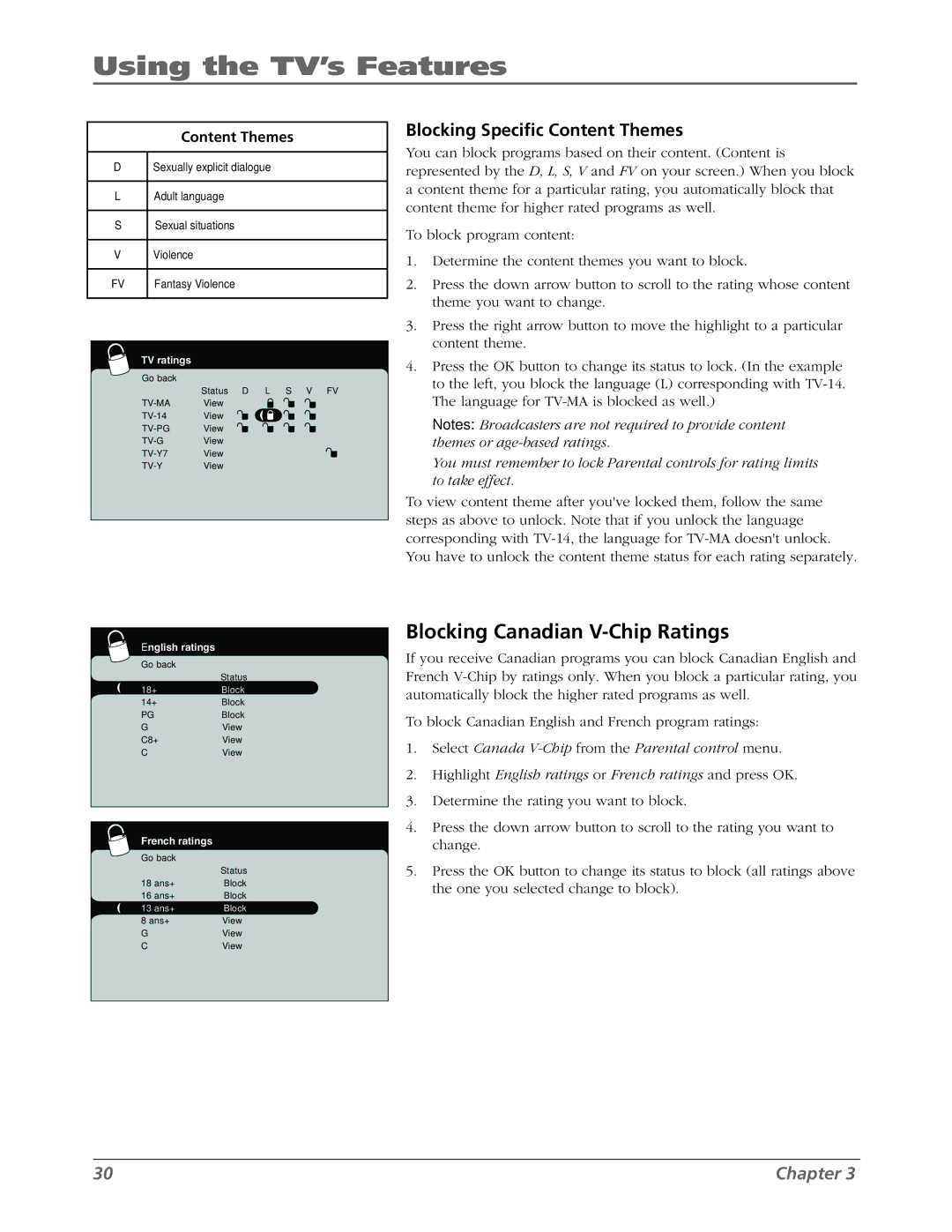 RCA L42WD22 warranty Blocking Canadian V-Chip Ratings, Blocking Speciﬁc Content Themes 