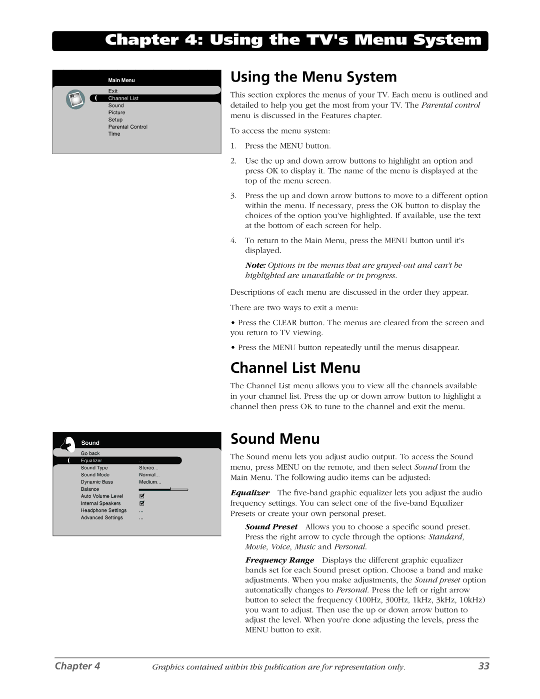 RCA L42WD22 warranty Using the Menu System, Channel List Menu, Sound Menu 