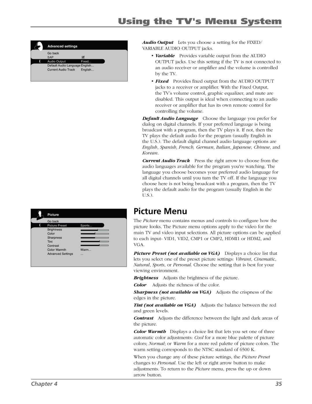 RCA L42WD22 warranty Picture Menu 