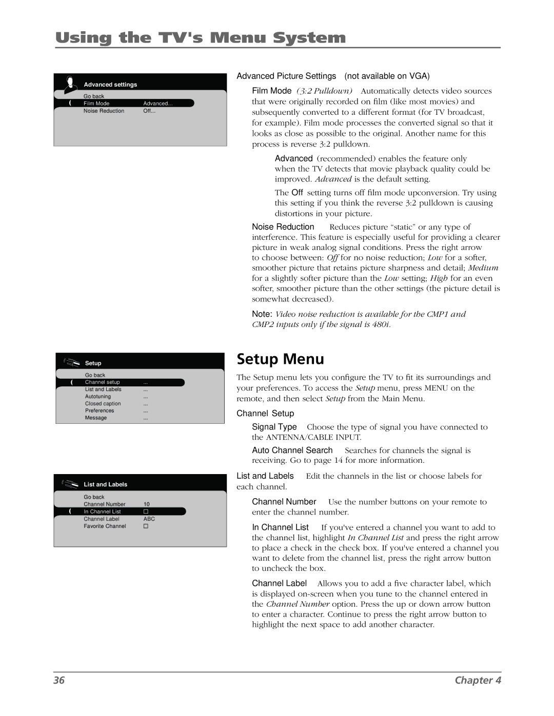 RCA L42WD22 warranty Setup Menu, Advanced Picture Settings not available on VGA 