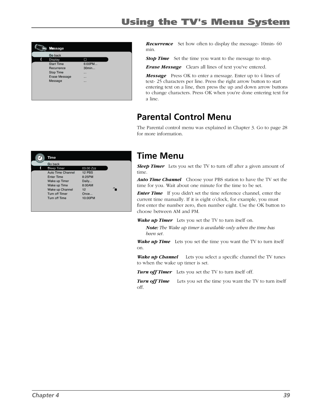 RCA L42WD22 warranty Parental Control Menu, Time Menu 