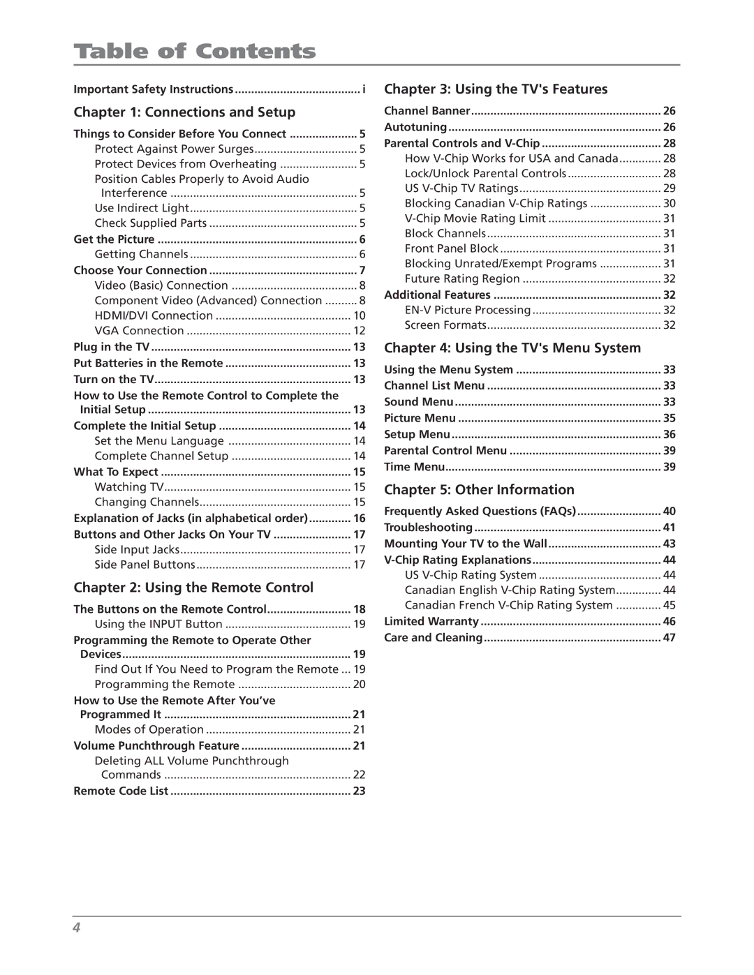 RCA L42WD22 warranty Table of Contents 