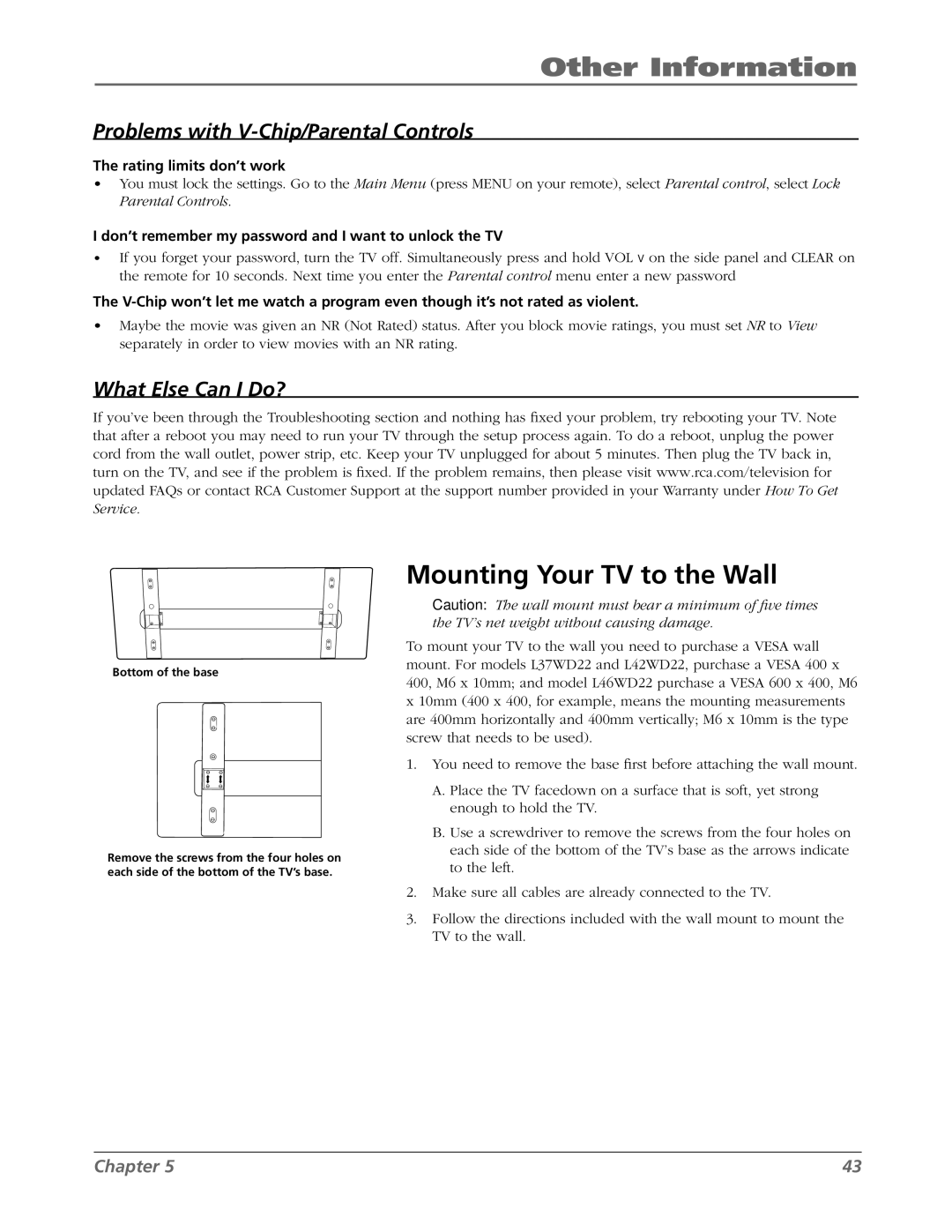 RCA L42WD22 Mounting Your TV to the Wall, Rating limits don’t work, Don’t remember my password and I want to unlock the TV 