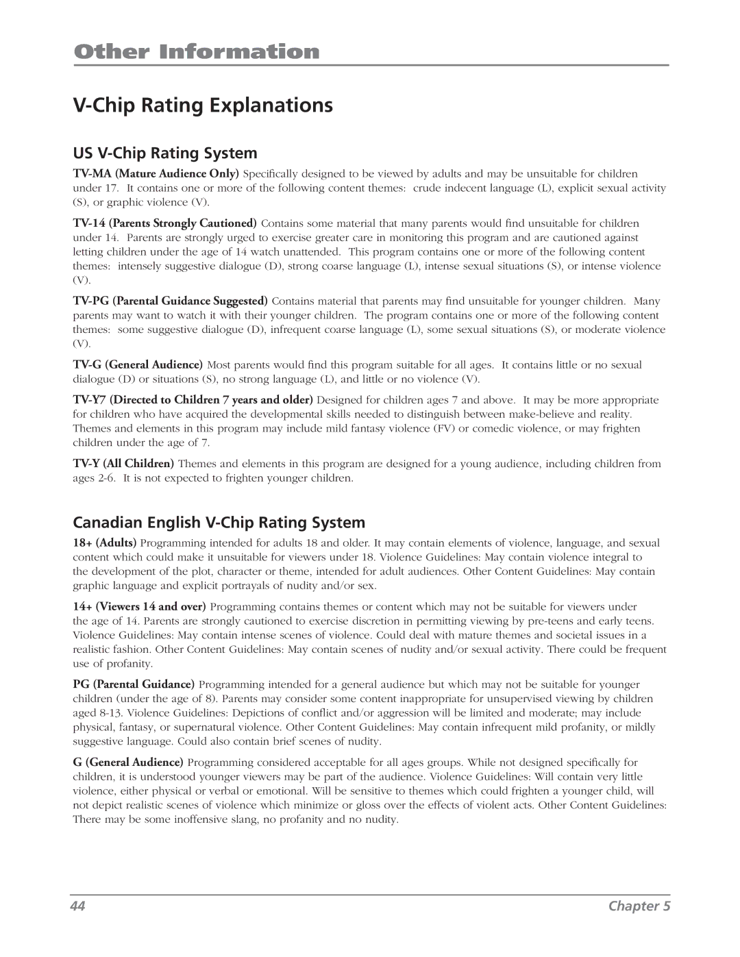 RCA L42WD22 warranty Chip Rating Explanations, US V-Chip Rating System, Canadian English V-Chip Rating System 