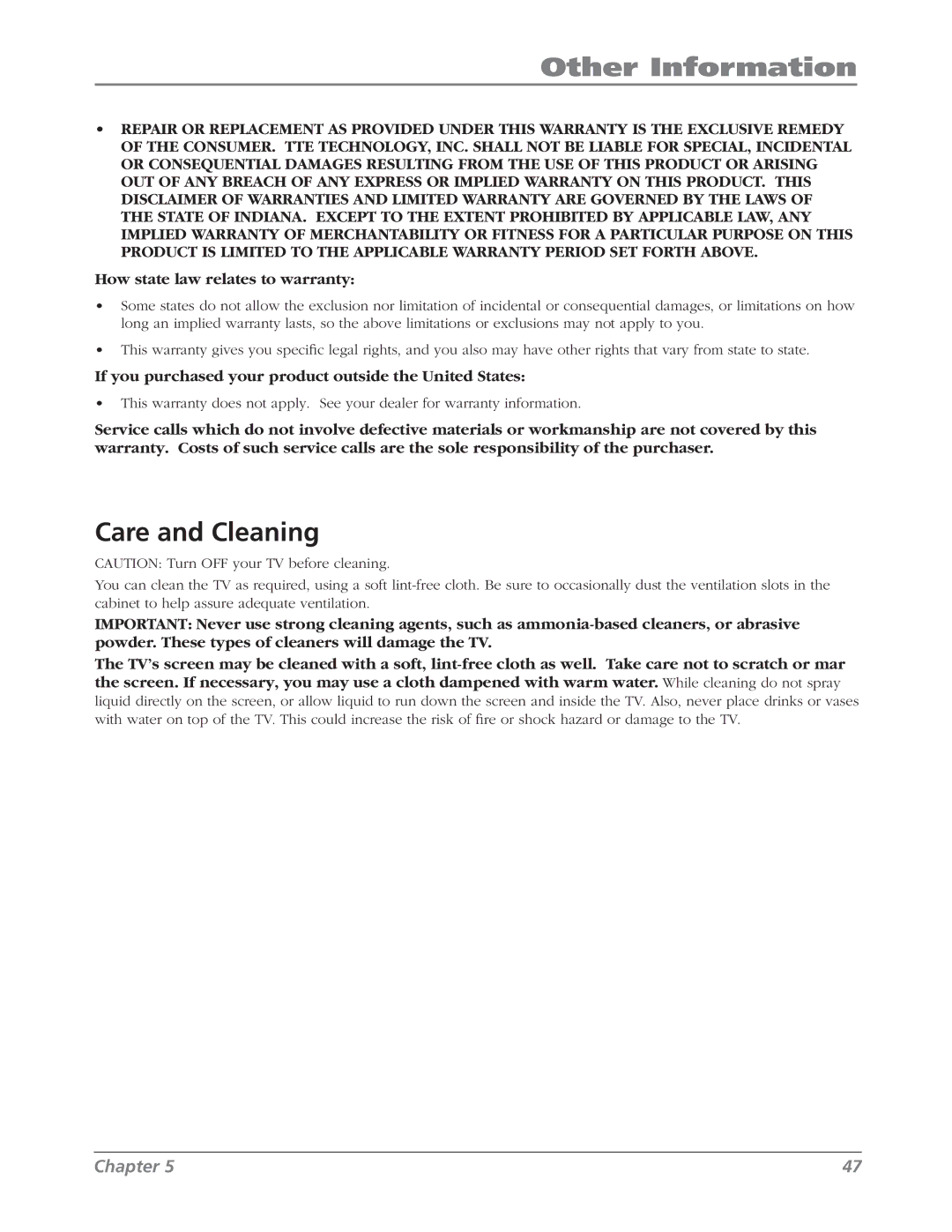 RCA L42WD22 Care and Cleaning, How state law relates to warranty 