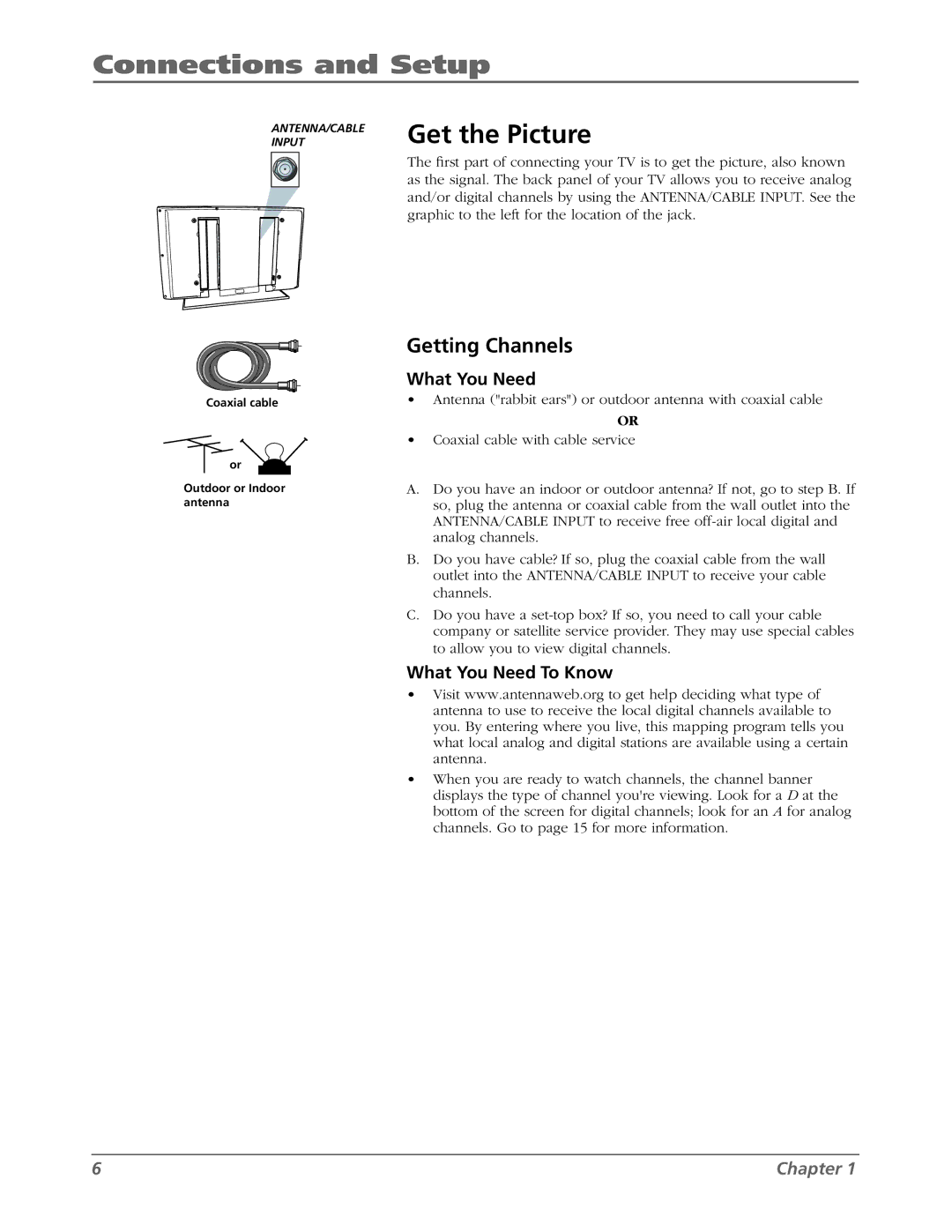 RCA L42WD22 warranty Connections and Setup, Get the Picture, Getting Channels, What You Need To Know 