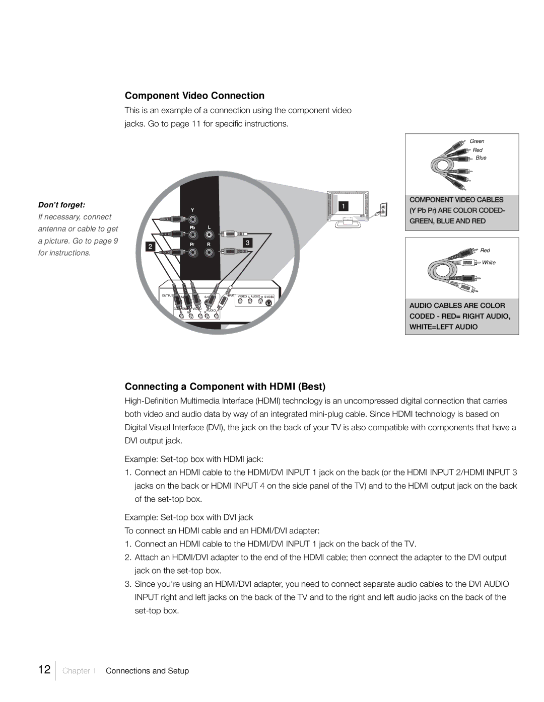 RCA L46FHD2X48, L42FHD2X48, L52FHD2X48 warranty Component Video Connection, Connecting a Component with Hdmi Best 