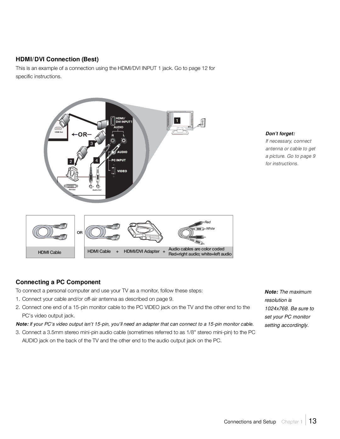 RCA L42FHD2X48, L46FHD2X48, L52FHD2X48 warranty HDMI/DVI Connection Best, Connecting a PC Component 