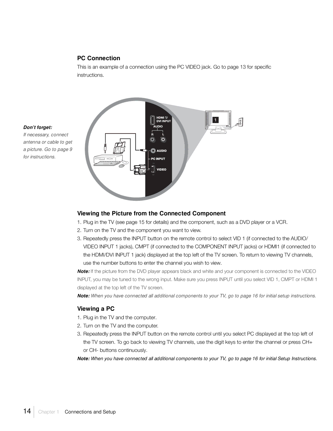 RCA L52FHD2X48, L46FHD2X48, L42FHD2X48 warranty PC Connection, Viewing the Picture from the Connected Component, Viewing a PC 