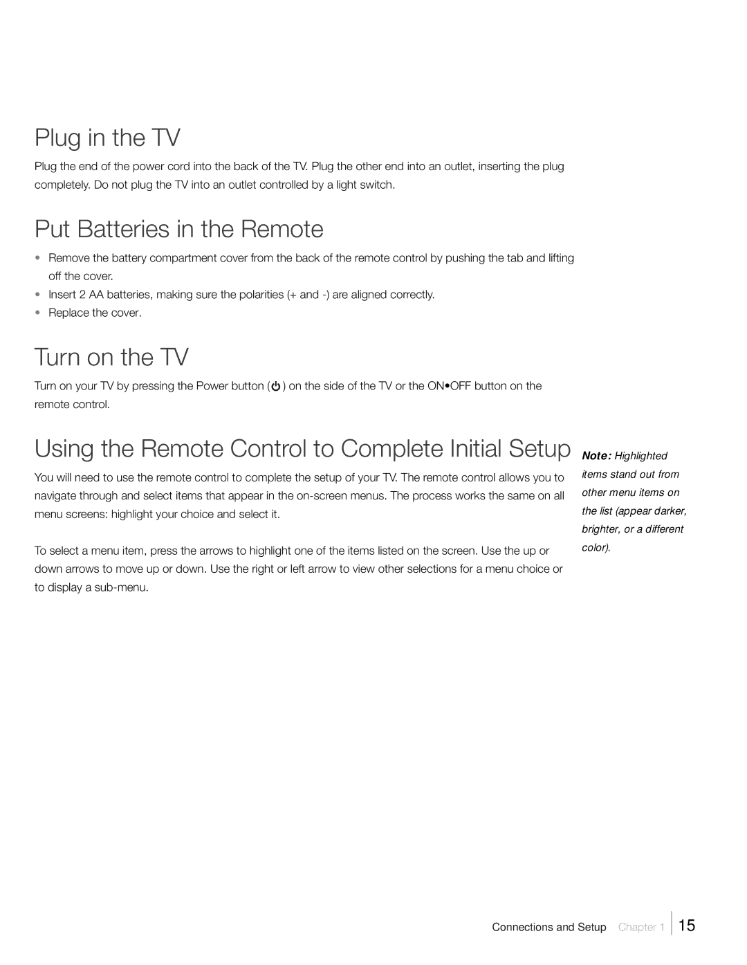 RCA L46FHD2X48, L42FHD2X48, L52FHD2X48 warranty Plug in the TV, Put Batteries in the Remote, Turn on the TV 