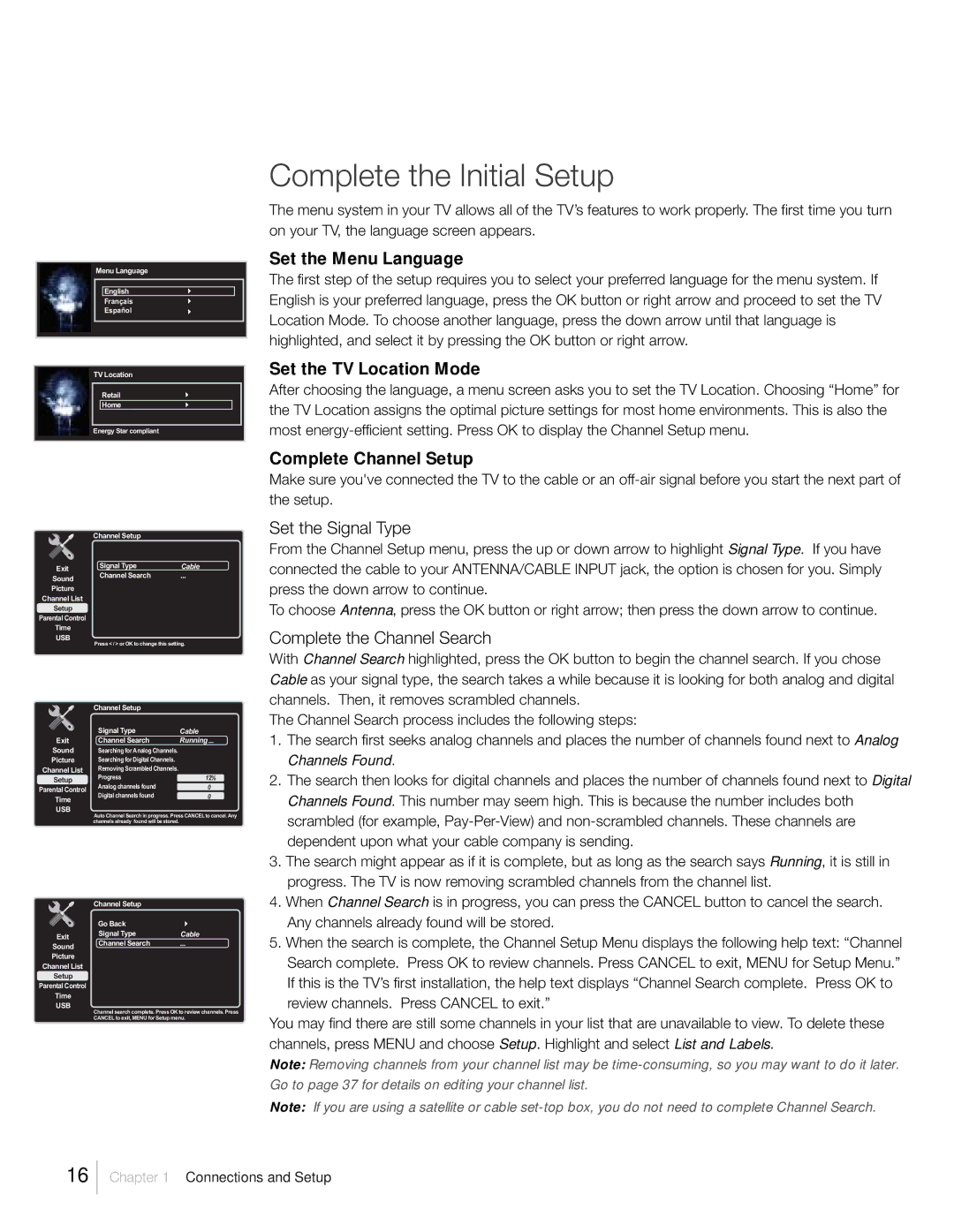 RCA L42FHD2X48 warranty Complete the Initial Setup, Set the Menu Language, Set the TV Location Mode, Complete Channel Setup 