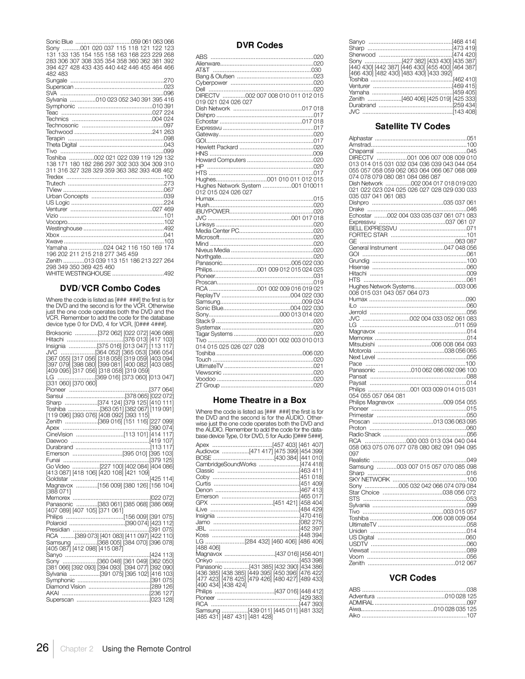 RCA L52FHD2X48, L46FHD2X48, L42FHD2X48 DVD/VCR Combo Codes, DVR Codes, Home Theatre in a Box, Satellite TV Codes, VCR Codes 