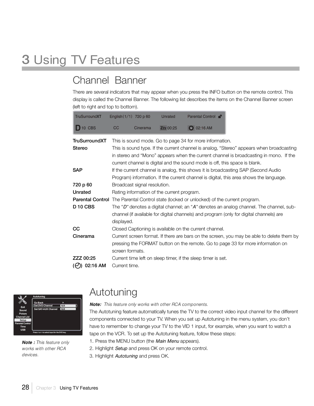 RCA L42FHD2X48, L46FHD2X48, L52FHD2X48 warranty Channel Banner, Autotuning 