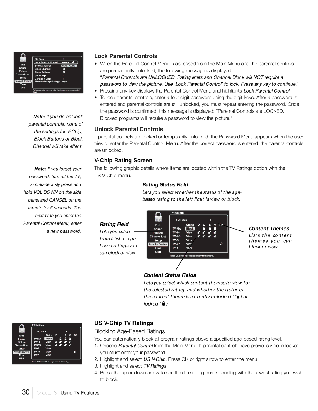 RCA L46FHD2X48, L42FHD2X48, L52FHD2X48 warranty Chip Rating Screen, US V-Chip TV Ratings 