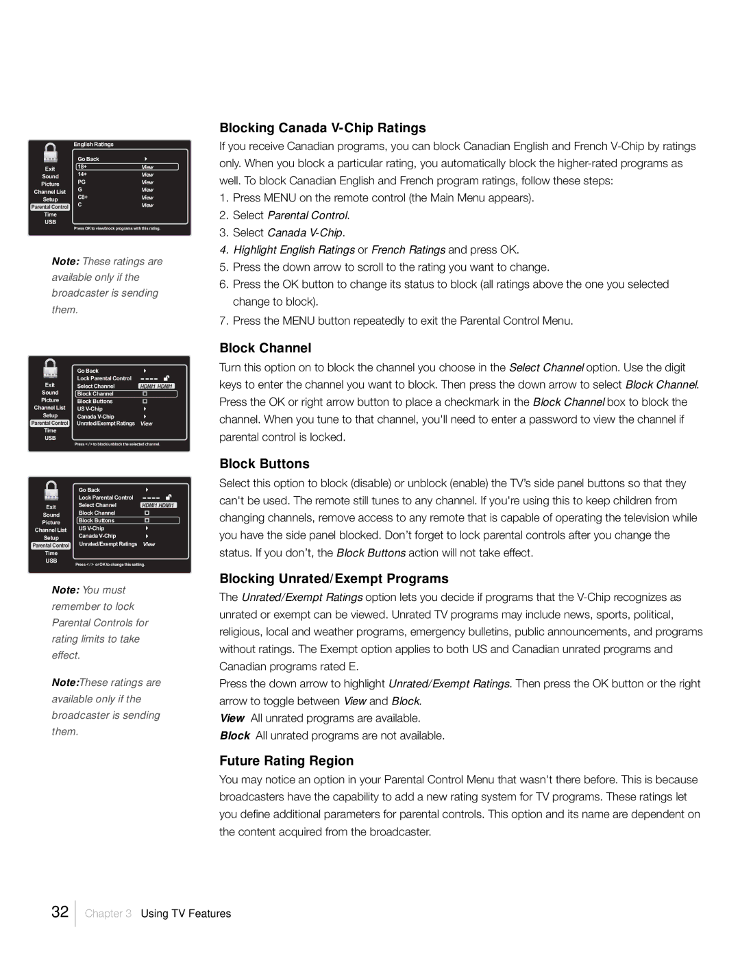 RCA L52FHD2X48, L46FHD2X48 Blocking Canada V-Chip Ratings, Block Channel, Block Buttons, Blocking Unrated/Exempt Programs 