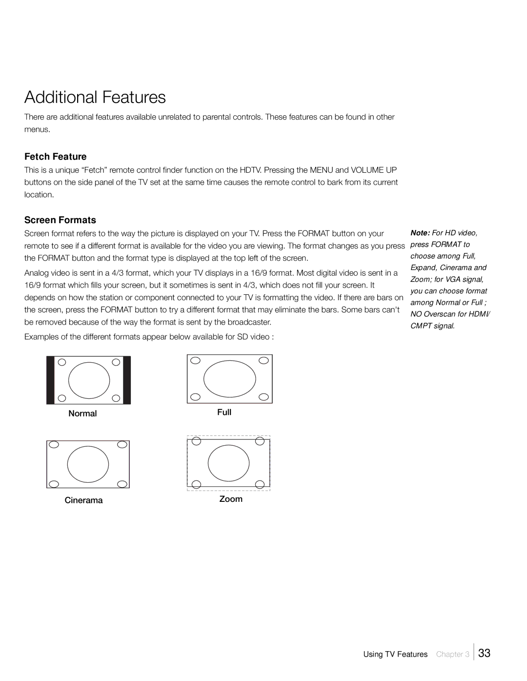 RCA L46FHD2X48, L42FHD2X48, L52FHD2X48 warranty Fetch Feature, Screen Formats 