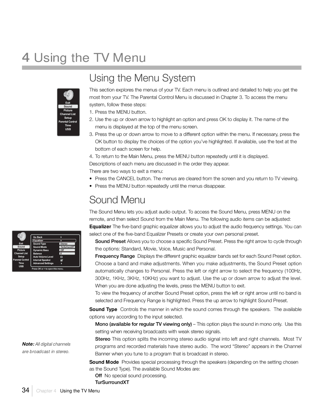 RCA L42FHD2X48, L46FHD2X48, L52FHD2X48 warranty Using the Menu System, Sound Menu 