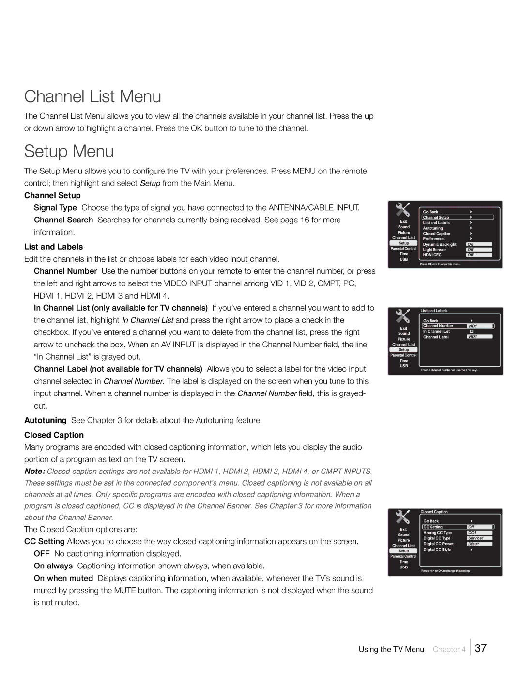 RCA L42FHD2X48, L46FHD2X48, L52FHD2X48 warranty Channel List Menu, Setup Menu, Channel Setup, List and Labels, Closed Caption 