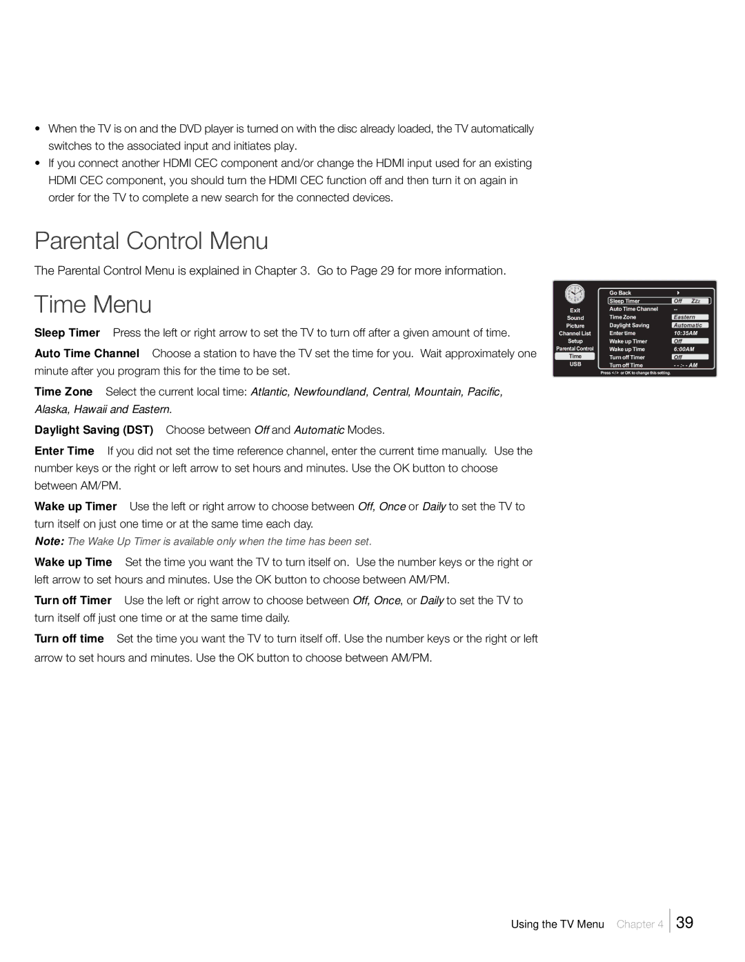 RCA L46FHD2X48, L42FHD2X48, L52FHD2X48 warranty Parental Control Menu, Time Menu 