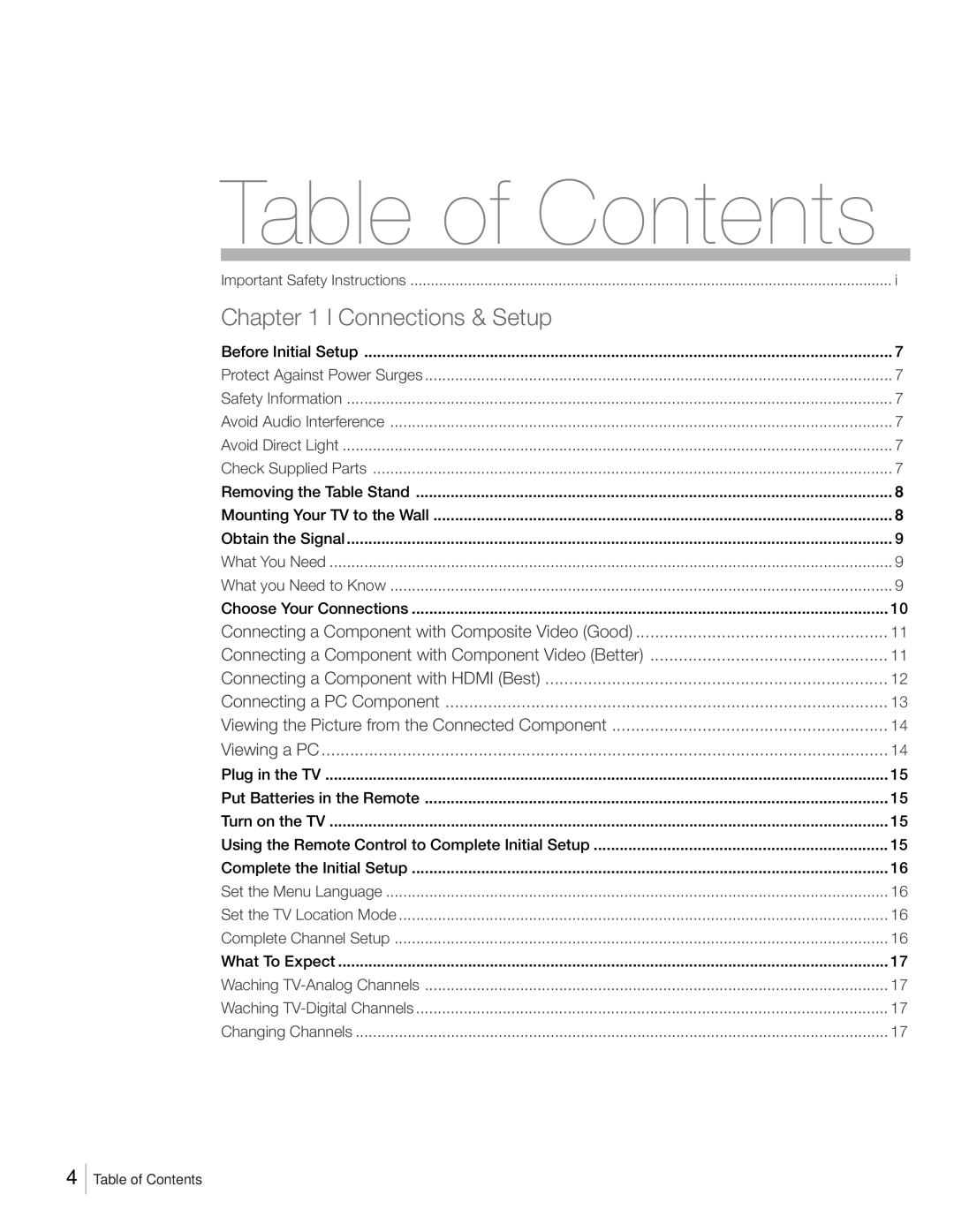 RCA L42FHD2X48, L46FHD2X48, L52FHD2X48 warranty Table of Contents 