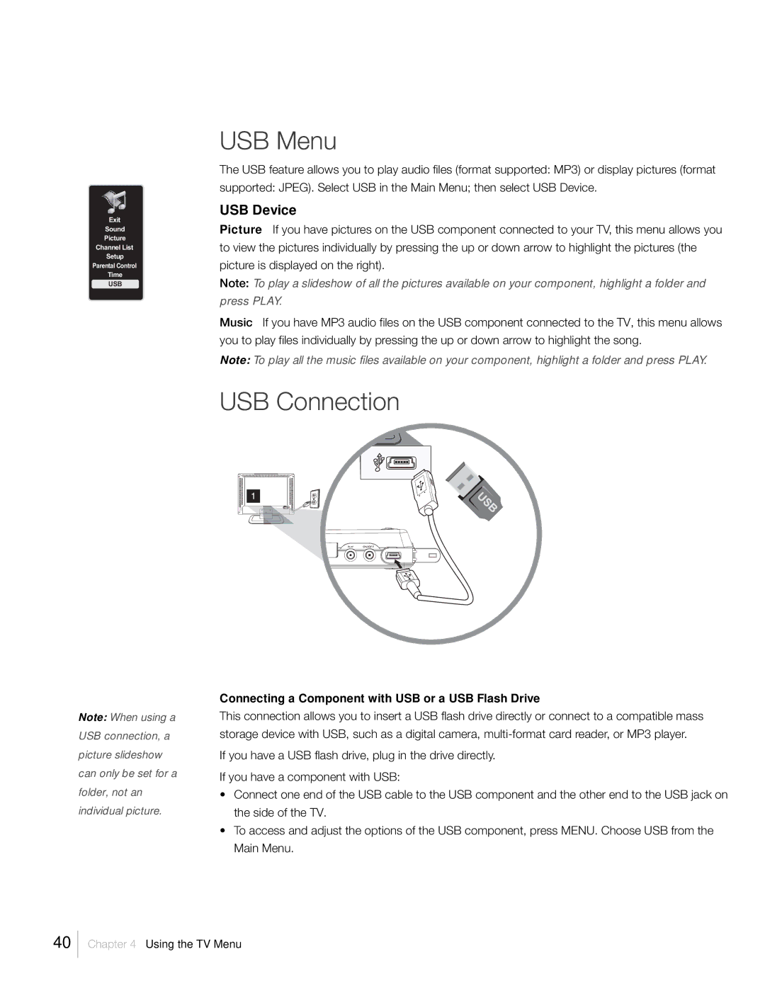 RCA L42FHD2X48, L46FHD2X48 USB Menu, USB Connection, USB Device, Connecting a Component with USB or a USB Flash Drive 