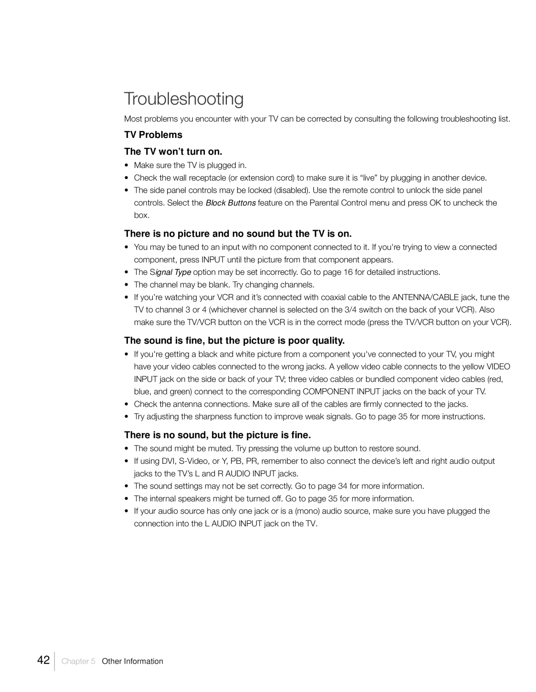 RCA L46FHD2X48 warranty Troubleshooting, TV Problems TV won’t turn on, There is no picture and no sound but the TV is on 