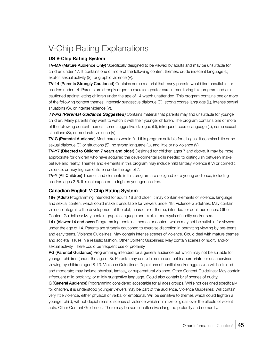 RCA L46FHD2X48, L42FHD2X48 warranty Chip Rating Explanations, US V-Chip Rating System, Canadian English V-Chip Rating System 