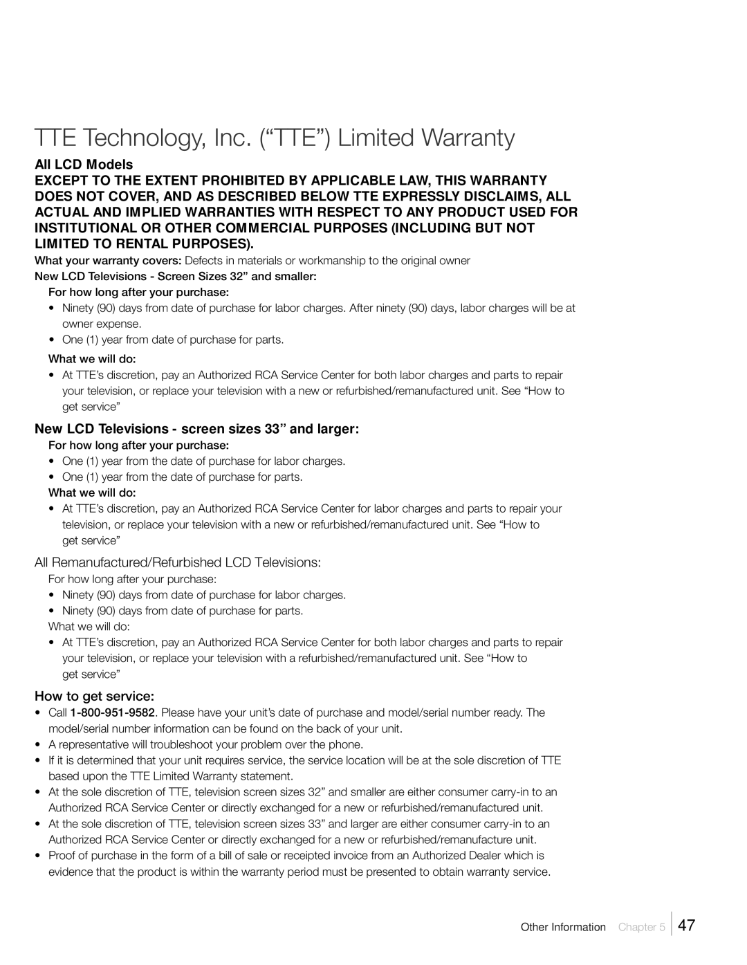 RCA L52FHD2X48 TTE Technology, Inc. TTE Limited Warranty, All LCD Models, New LCD Televisions screen sizes 33 and larger 