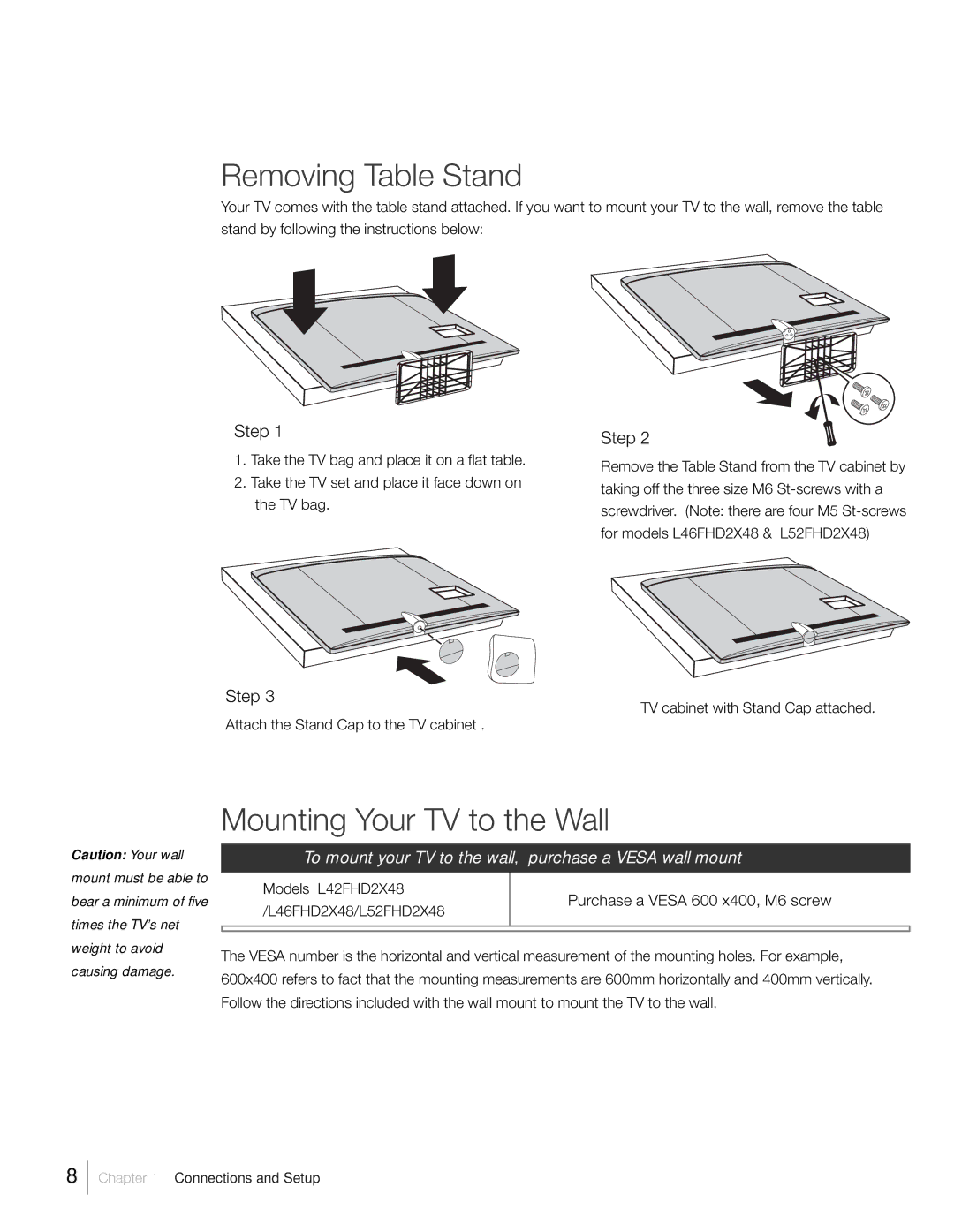 RCA L52FHD2X48, L46FHD2X48, L42FHD2X48 warranty Removing Table Stand, Mounting Your TV to the Wall 