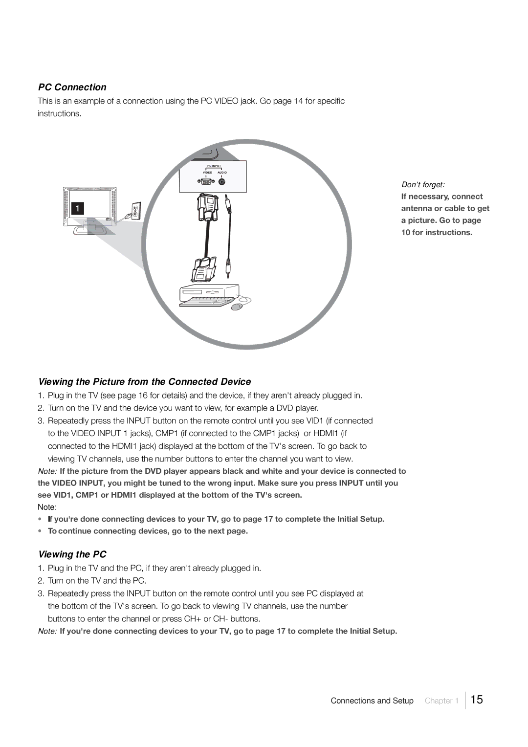 RCA L52FHD38, L46FHD35 warranty PC Connection, Viewing the Picture from the Connected Device, Viewing the PC 