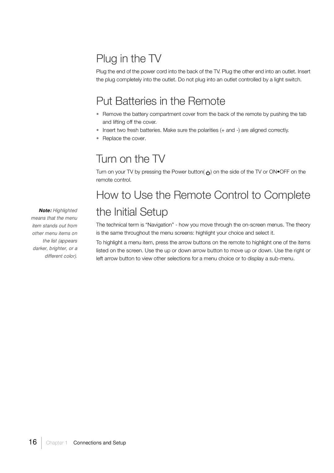 RCA L46FHD35, L52FHD38 warranty Plug in the TV, Put Batteries in the Remote, Turn on the TV 