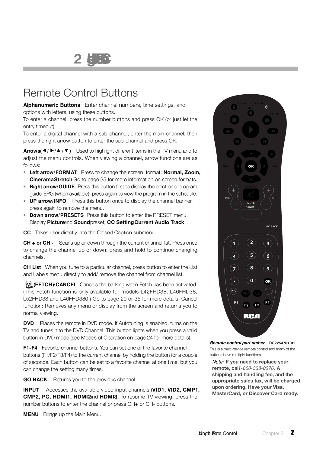 RCA L52FHD38, L46FHD35 warranty Using the Remote Control, Remote Control Buttons 