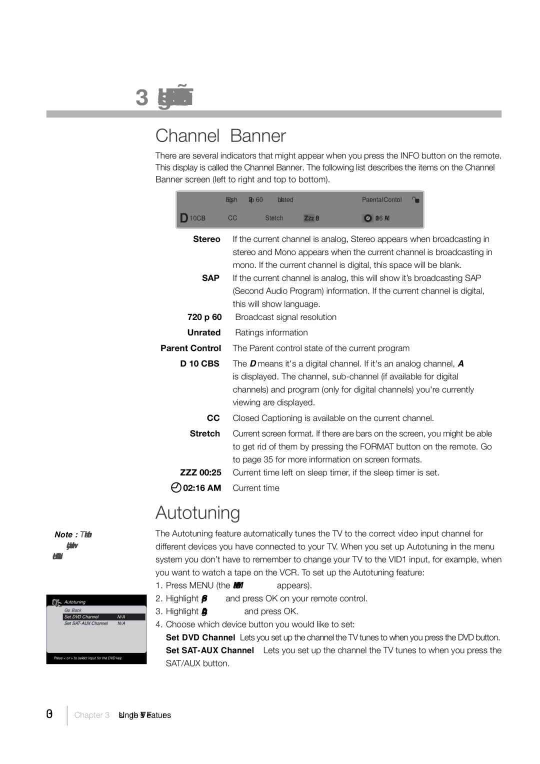 RCA L46FHD35, L52FHD38 warranty Channel Banner, Autotuning 