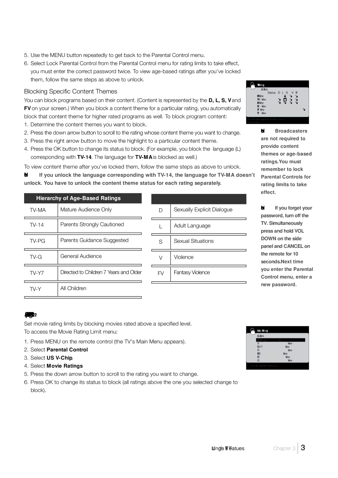 RCA L52FHD38, L46FHD35 warranty Blocking Specific Content Themes, US V-Chip Movie Rating Limit 