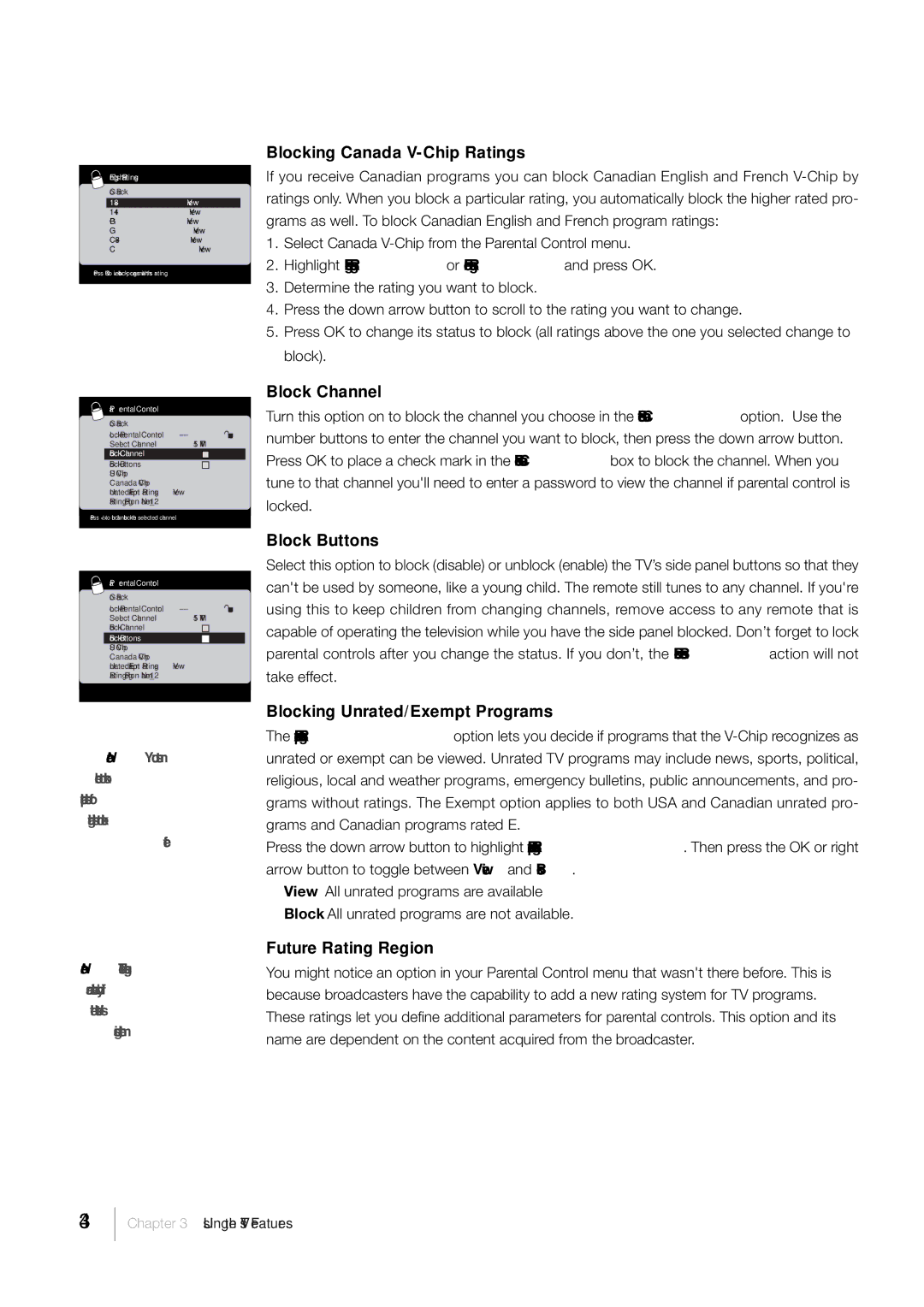 RCA L46FHD35, L52FHD38 Blocking Canada V-Chip Ratings, Block Channel, Block Buttons, Blocking Unrated/Exempt Programs 