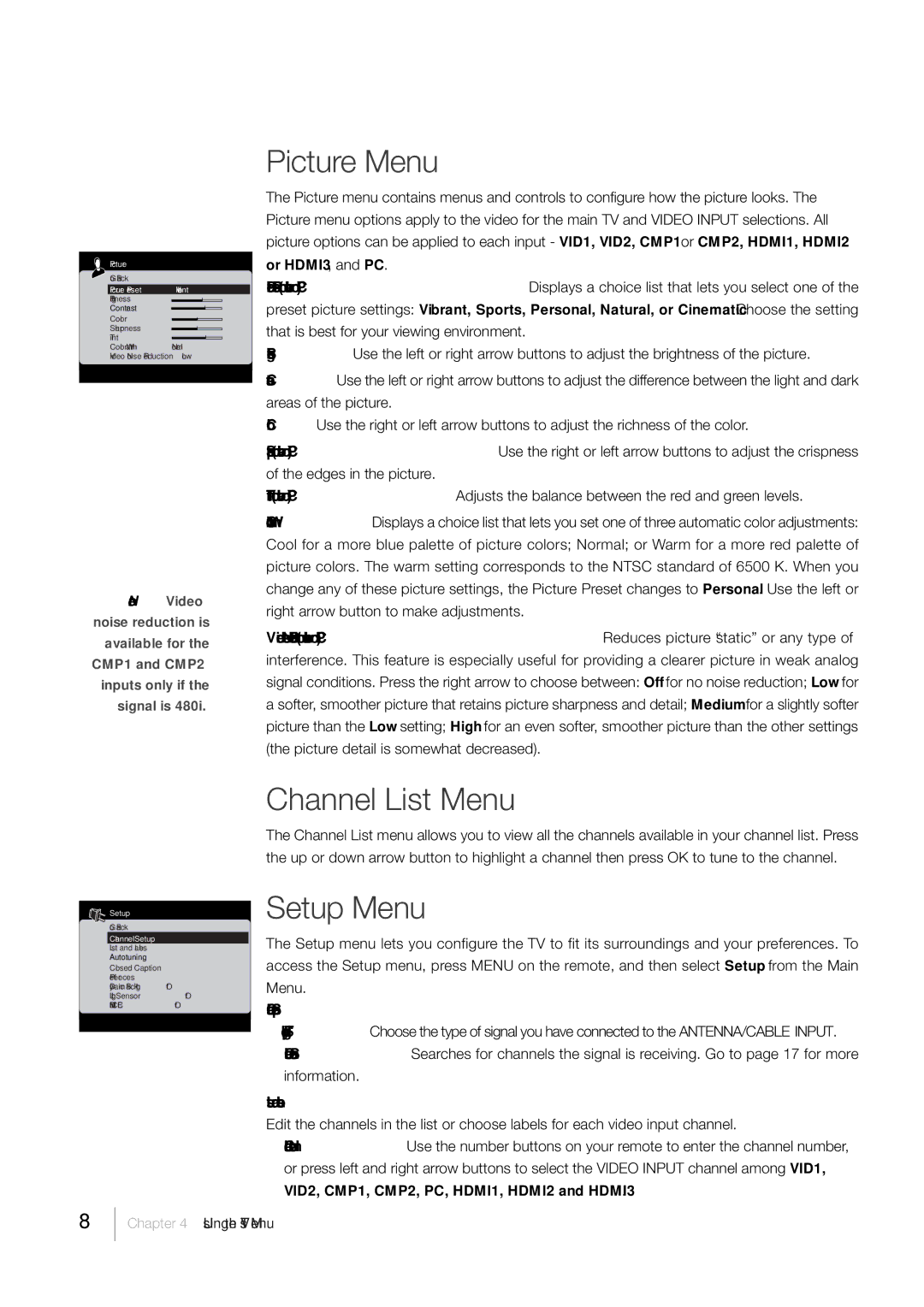 RCA L46FHD35, L52FHD38 warranty Picture Menu, Channel List Menu, Setup Menu 