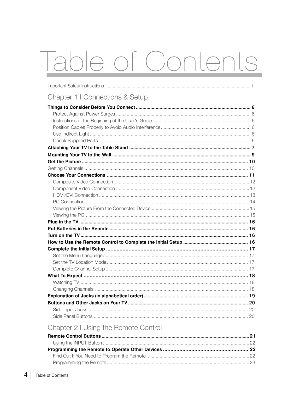 RCA L46FHD35, L52FHD38 warranty Table of Contents 