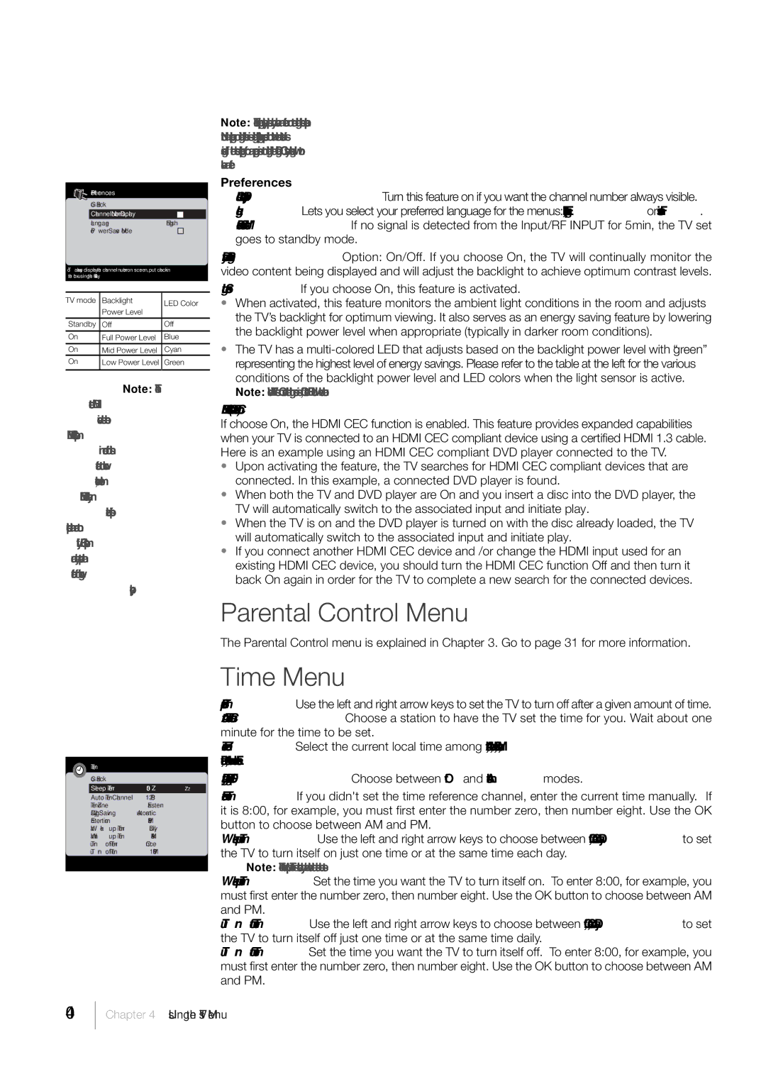 RCA L46FHD35, L52FHD38 warranty Parental Control Menu, Time Menu, Preferences 