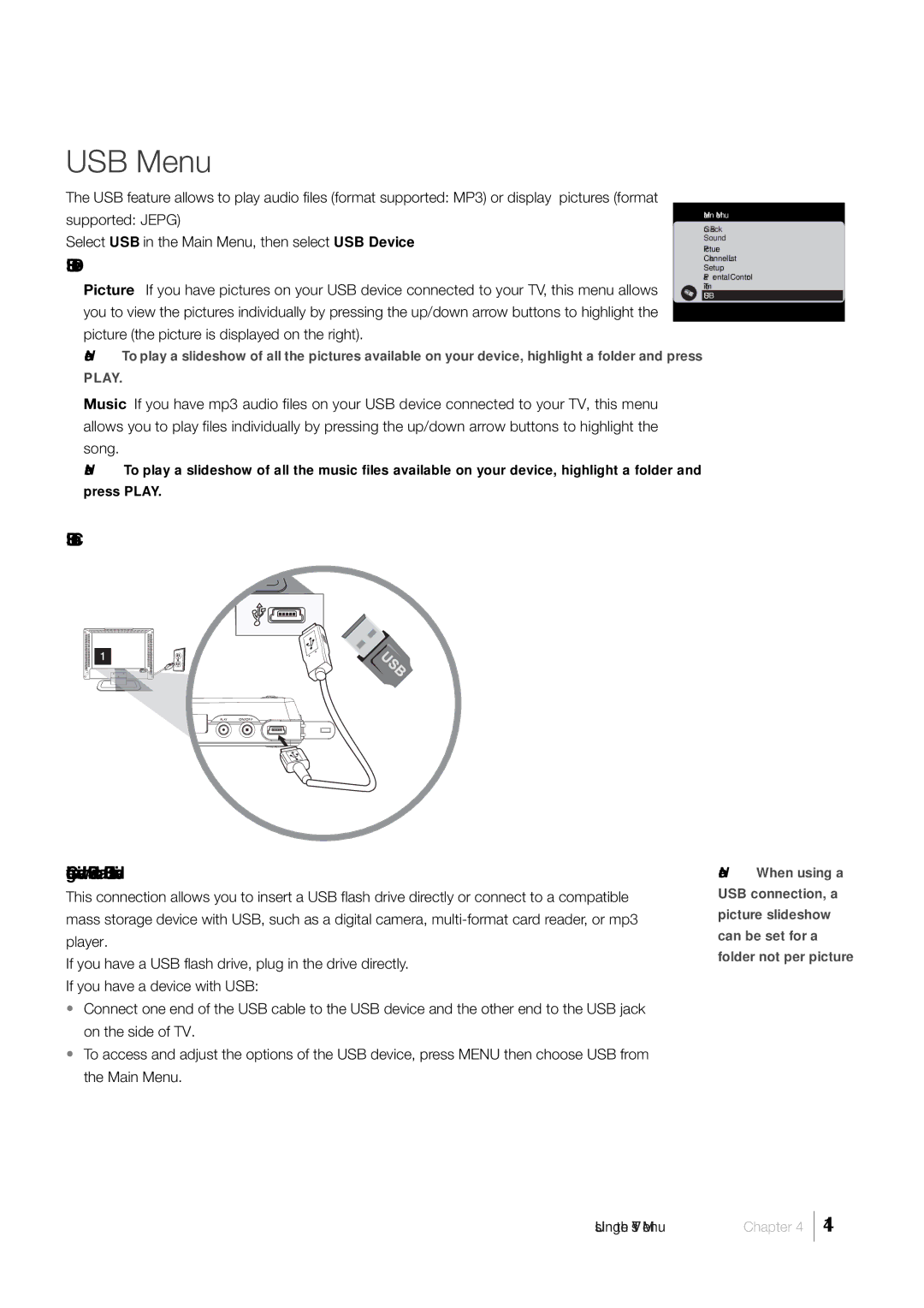 RCA L52FHD38, L46FHD35 warranty USB Menu, USB Device 