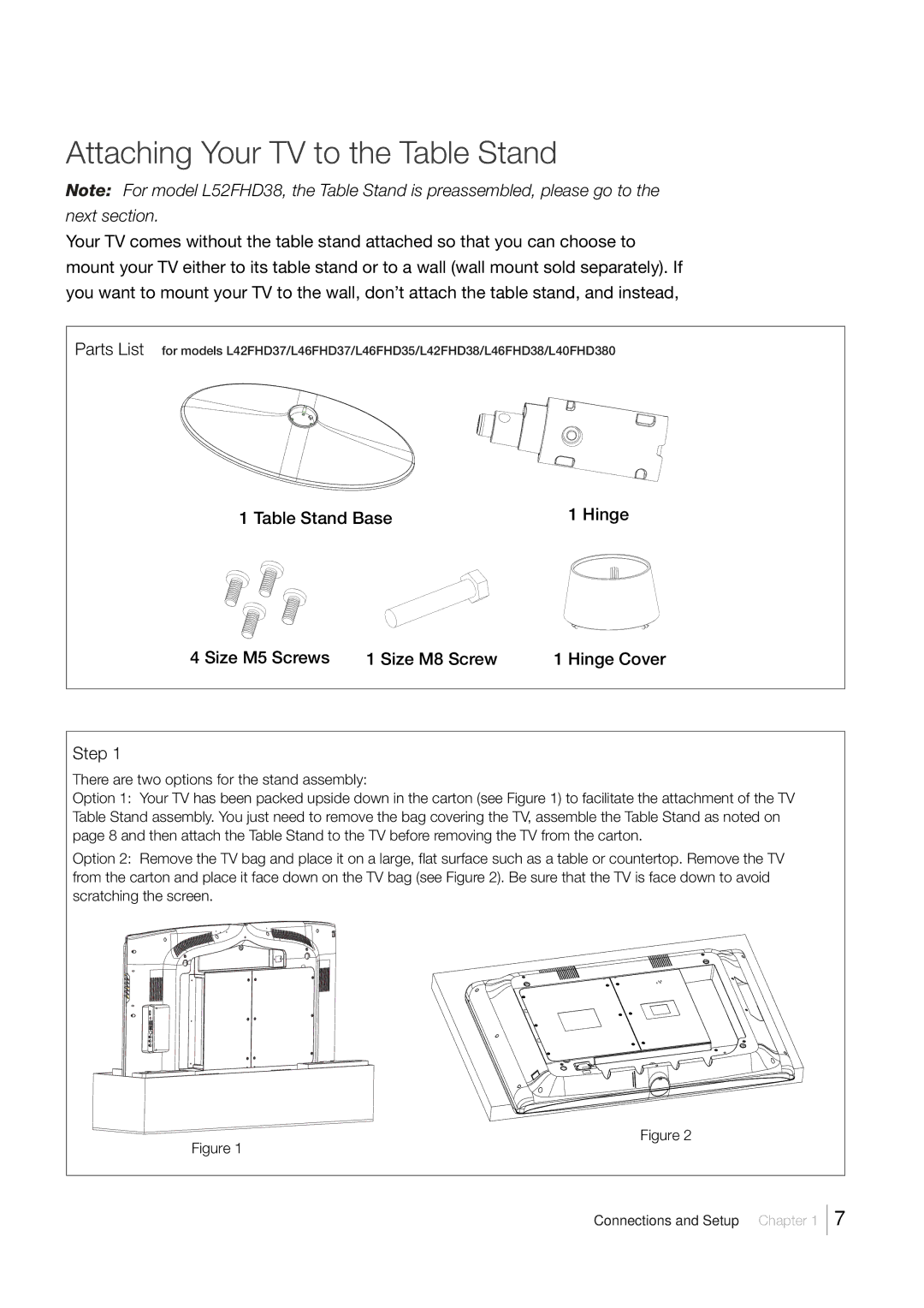 RCA L52FHD38, L46FHD35 warranty Attaching Your TV to the Table Stand 